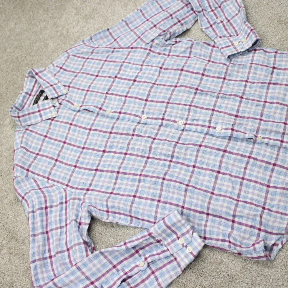 Banana Republic Camden Standard Fit Shirt Mens Medium‎ Red/Blue 100% Linen L/S